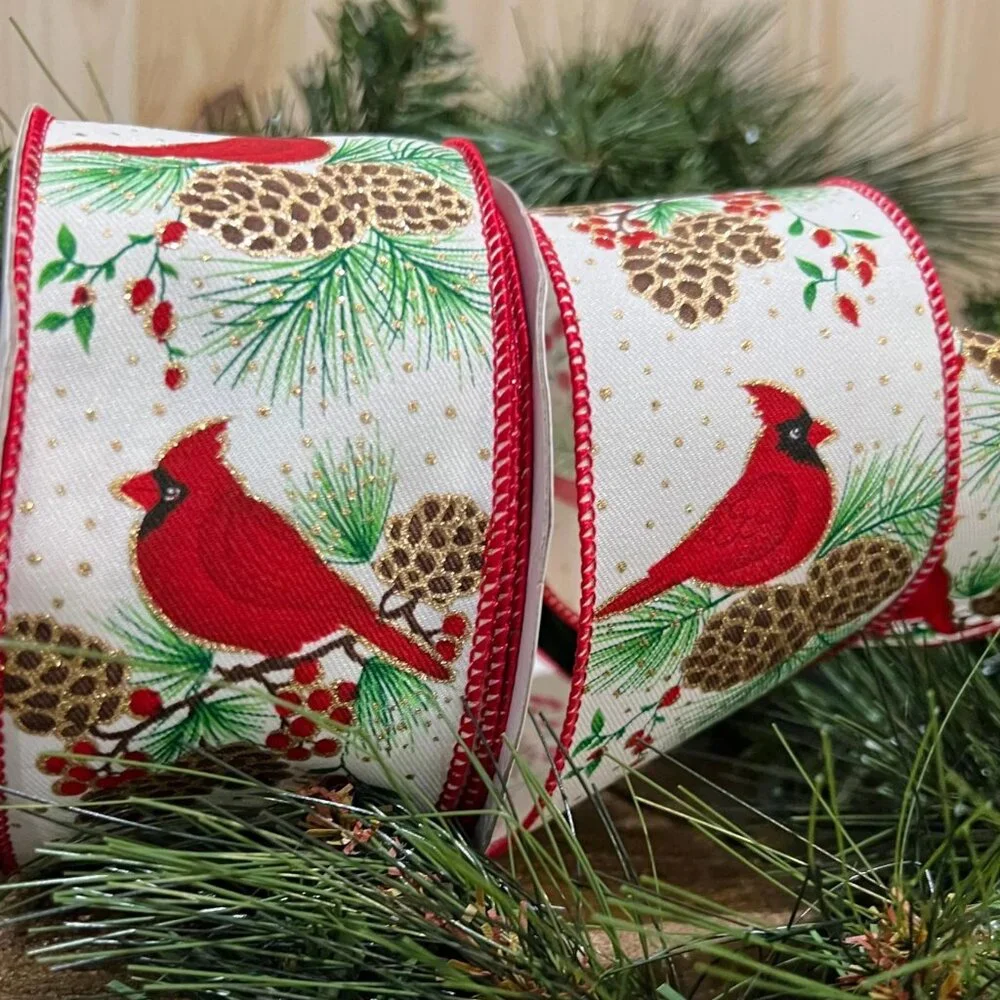 Cardinal with Pine Bough Ribbon 2.5 in X 10 Yards Christmas Craft Supplies